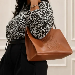 Minimalist Embossed Tote Bag – Tan Brown