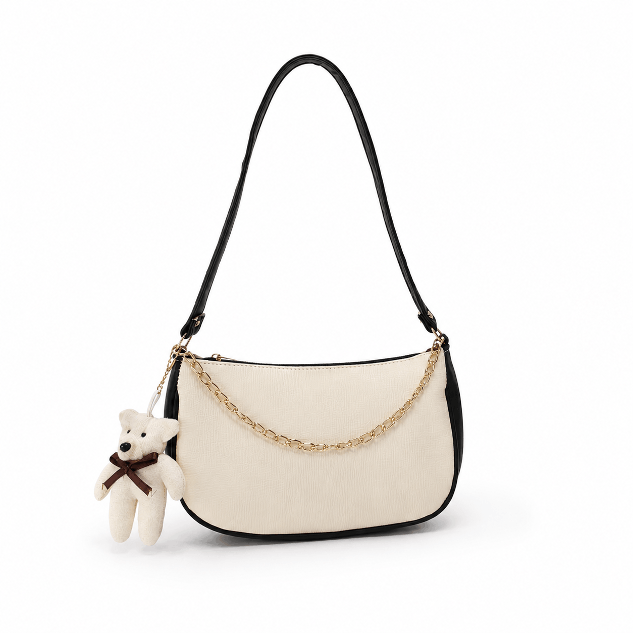 Charm Teddy Shoulder Bag- Ivory & Black